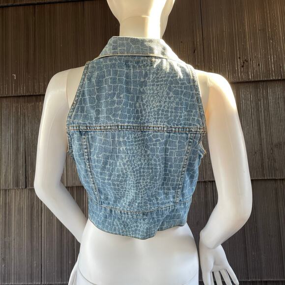 🔥VTG Y2K Be Bop Alligator Print Denim Cropped Vest Full Zip Biker Retro Grunge - Picture 4 of 12